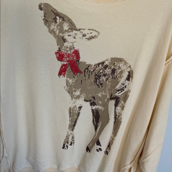 We The Free Cream Deer Graphic Sweatshirt – Red Bow Detail – Cozy Cottagecore - Picture 4 of 5